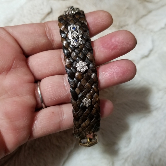 LEATHER 18/14K ANTIQUE DIAMOND SAPPHIRE BRACELET - Picture 5 of 11